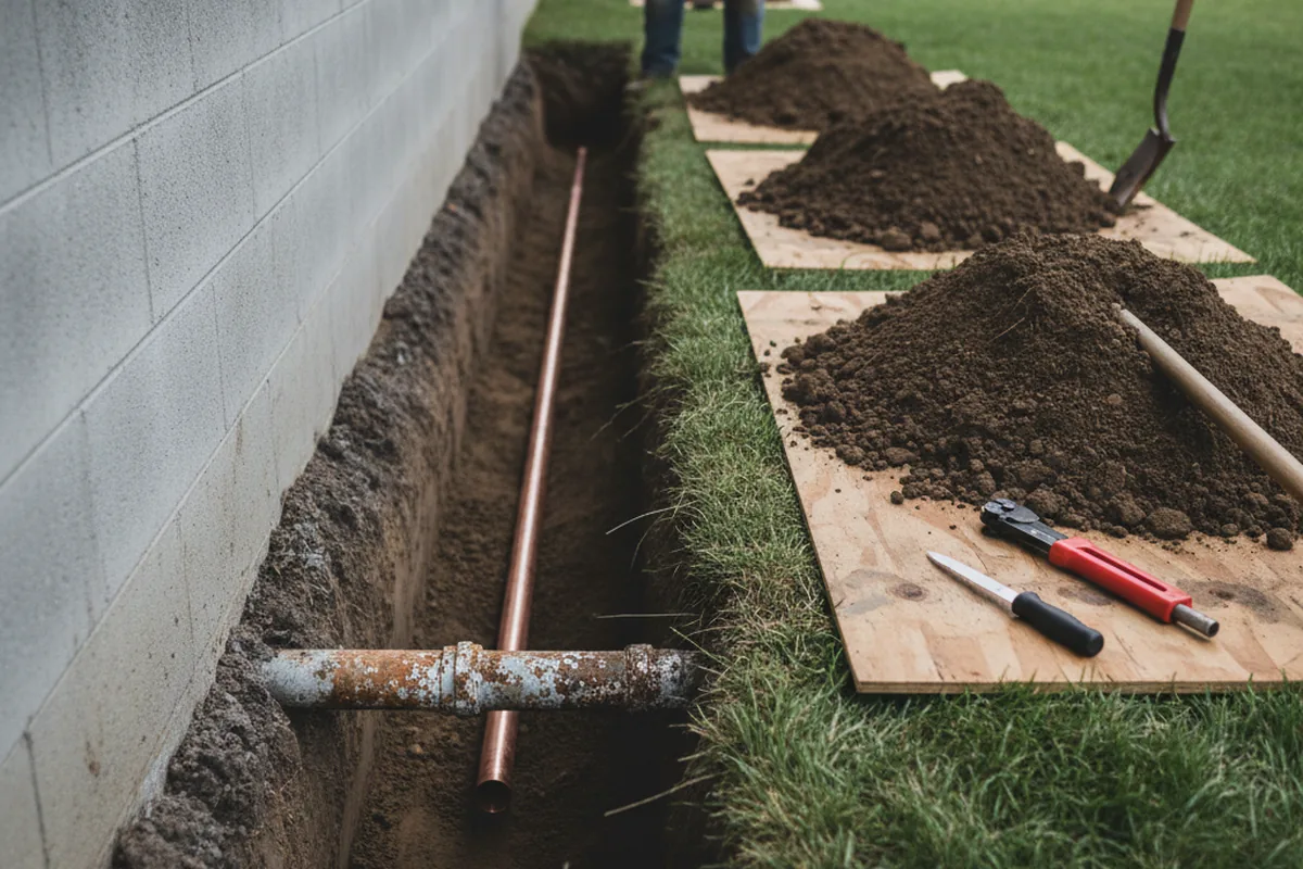 Excavated water line trench during Sewer Line Repair in Park Ridge